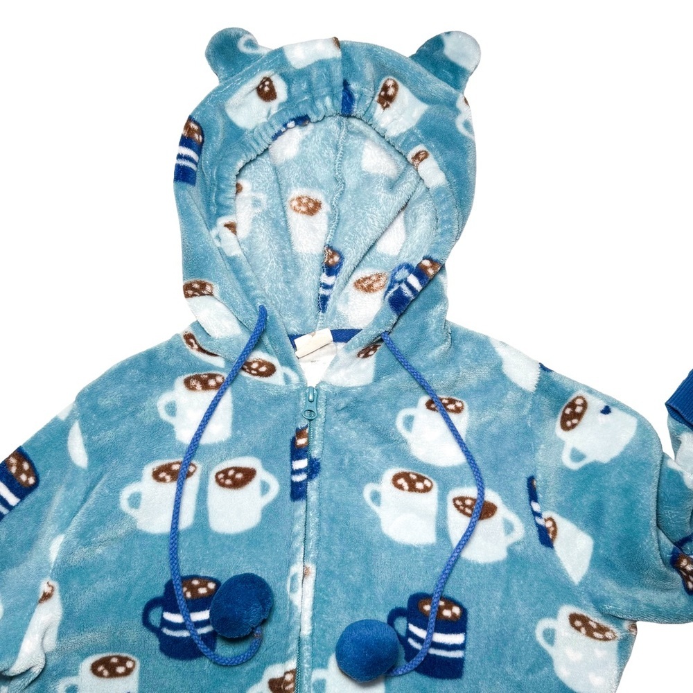 Munki Munki Womens Blue Hot‎ Cocoa Fleece Hooded One Piece Pajama Small Ears Zip - Picture 5 of 14